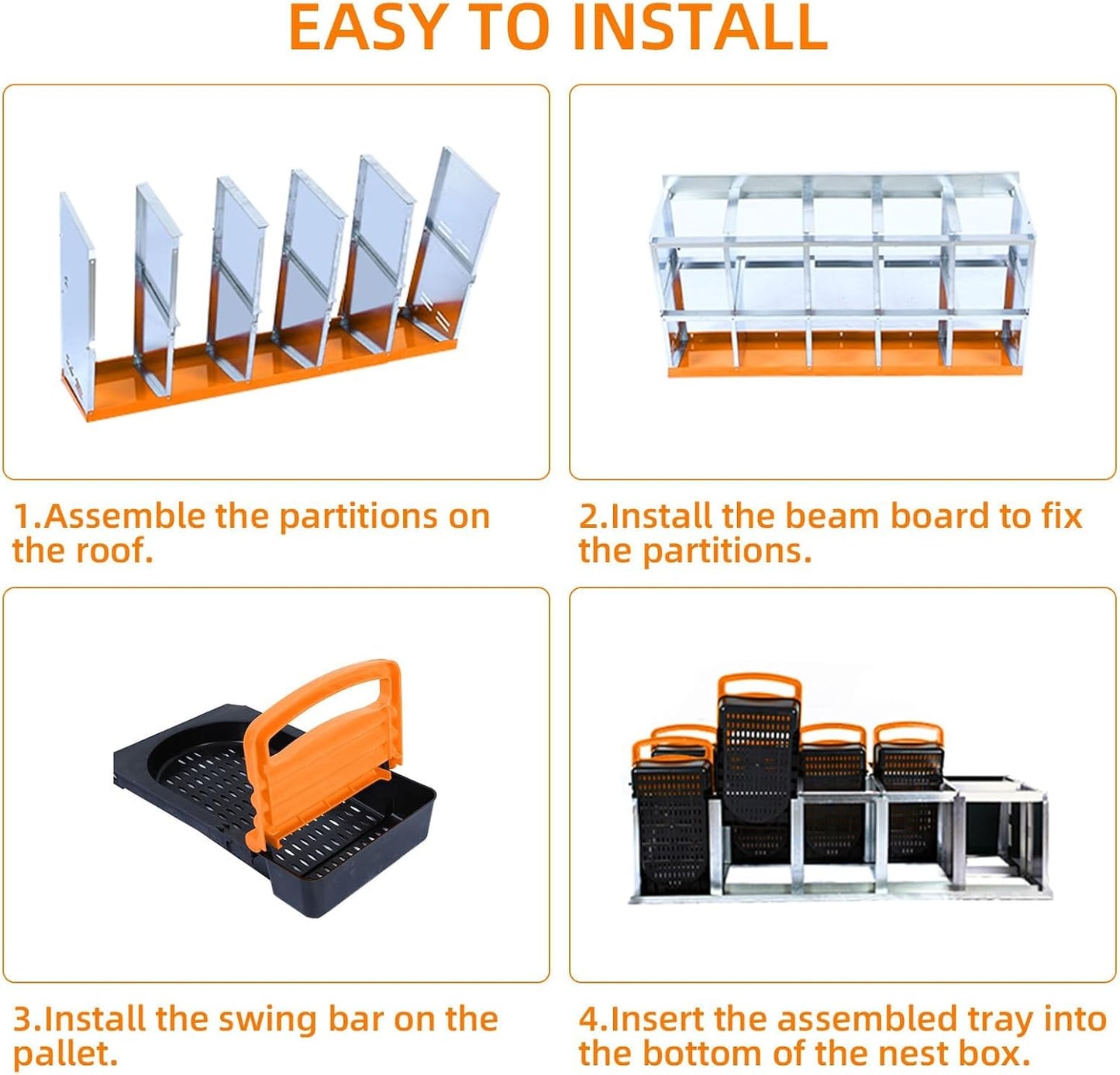 Chicken Nesting Boxes, 10 Hole Metal Chicken Laying Box with with Removable Trays and Roll Out Egg Collection for Chicken Coop, Orange