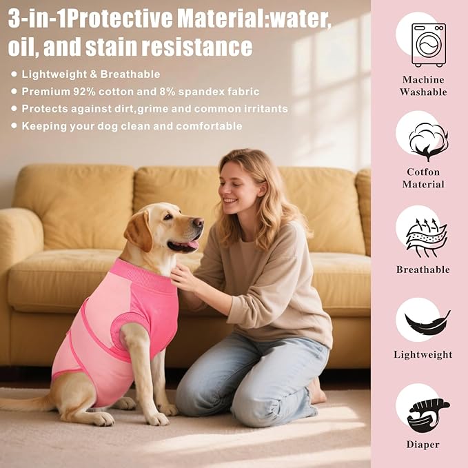 Idepet Dog Recovery Suit Female,Dogs Onesie Suit Surgery Male Breathable Pet Bodysuit for Spay Neuter E-Collar & Cone Alternative Surgical Suit Puppy Abdominal Anti Licking Wounds Shirt (Pink, XXL)