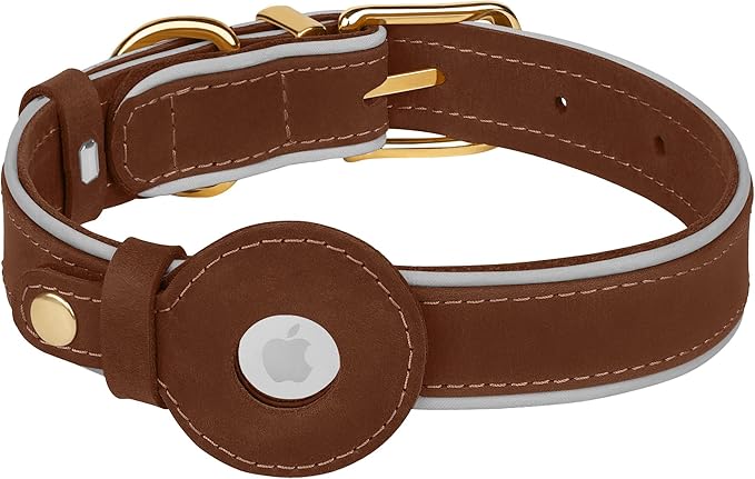 OOPSDOGGY Reflective Geniune Leather Airtag Dog Collar Soft Padded Collars for Small Medium Large Breed Dogs Puppy, 4 Sizes, 7 Colors (Brown, Medium, 12"-15")