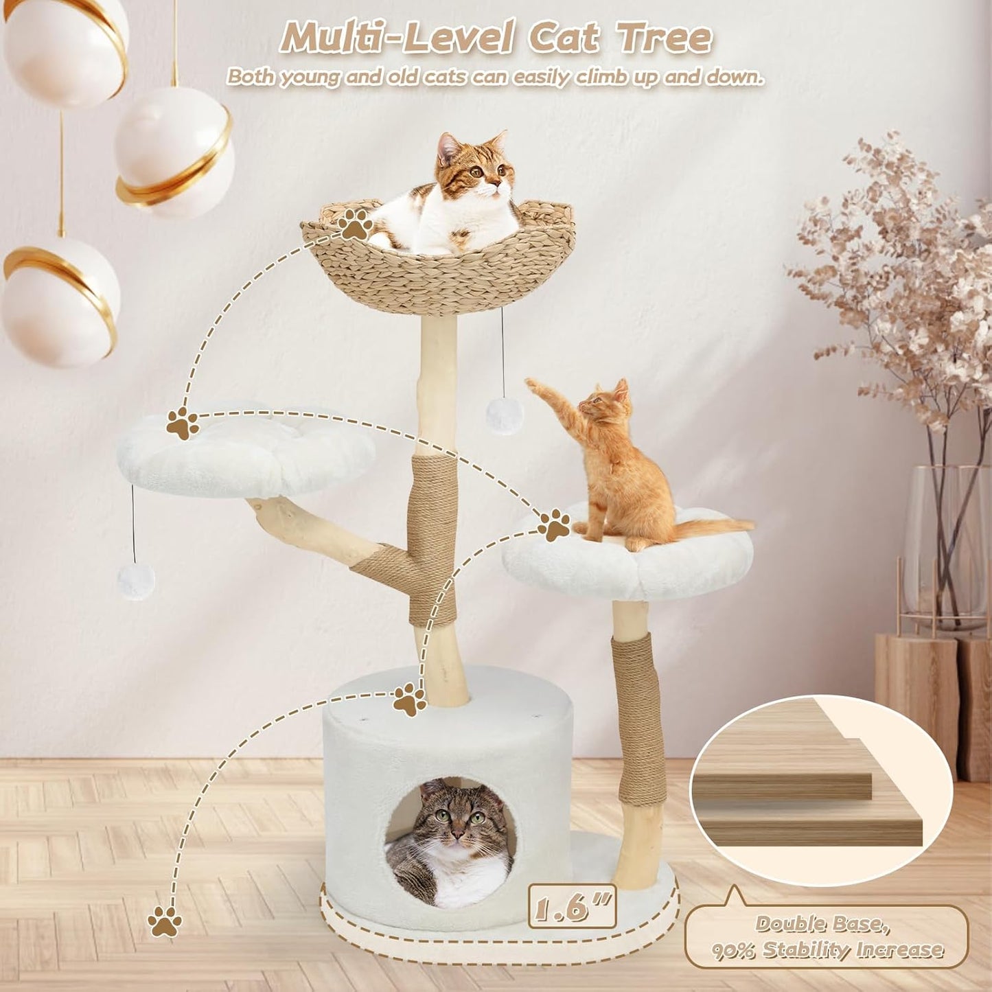 Modern Cat Tree Tower, Solid Wood Multi-Level w/ 2 Flower Perches, Scratching Post, Hanging Ball - Luxury Boho Cat Furniture w/Condo & Wicker Basket for Indoor Cats