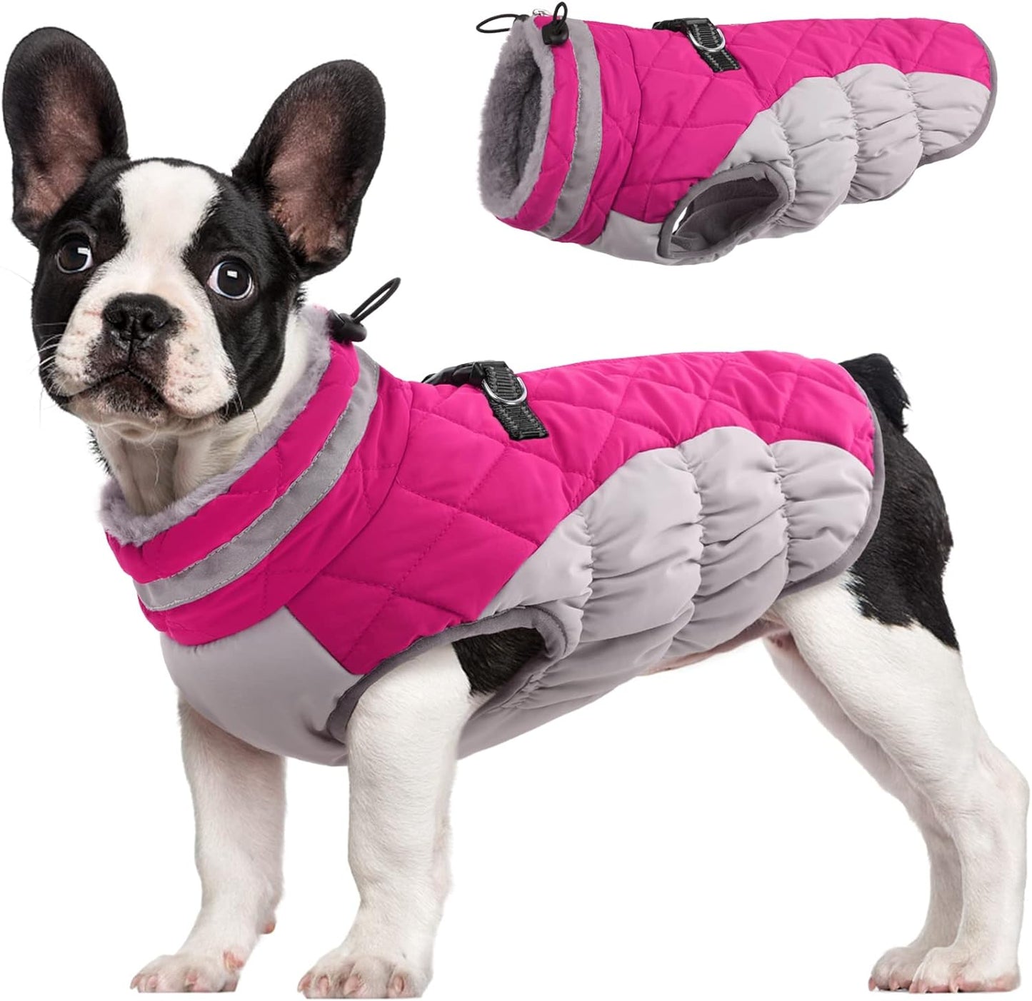 FUAMEY Dog Coat for Small Dogs,Waterproof Dog Winter Jacket with Harness Built in Puppy Cold Weather Coats Reflective Pet Vest with Zipper Warm Fleece Dogs Snowsuit Windproof Pink XS