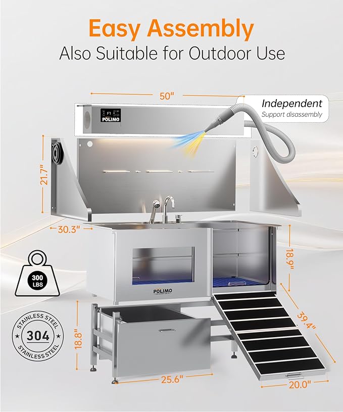 polimo Dog Washing Station with Dryer & LED, Professional Stainless Steel Grooming Tub, Dog Bathtub for Large, Medium & Small Dog, w/Window, Ramp, Drawer, Floor Grate &Fauct （Right RAMP & Dryer, 50"）