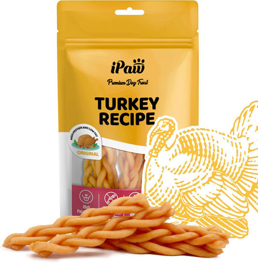 iPaw Turkey Dog Treats, All Natural Human Grade Dog Treat, Suitable for Training chew, US Sourced Raw Material, Hypoallergenic, Rawhide Alternative, Braided Stick