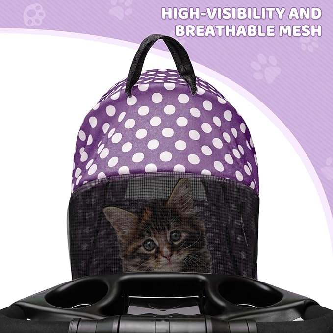Magshion Foldable Pet Stroller, 3-in-1 Dog Travel Jogger with Detachable Carrier, Cup Holder, Storage Basket, Folding Carrier for Small/Medium Dogs & Cats Up to 33 lbs, Purple Polka Dots