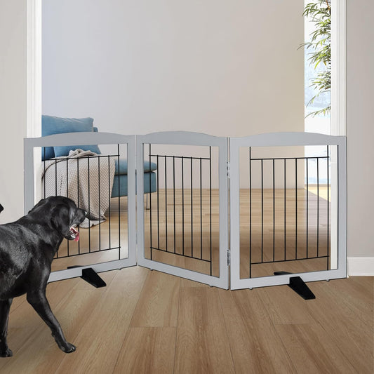 ZJSF Freestanding Dog Fence Indoor, Foldable Dog Gate for Doorways, Stairs or Hallways, Sturdy Wood Extra Wide Pet Gate with Support Feet for The House, Grey, 24 "Height-3 Panels