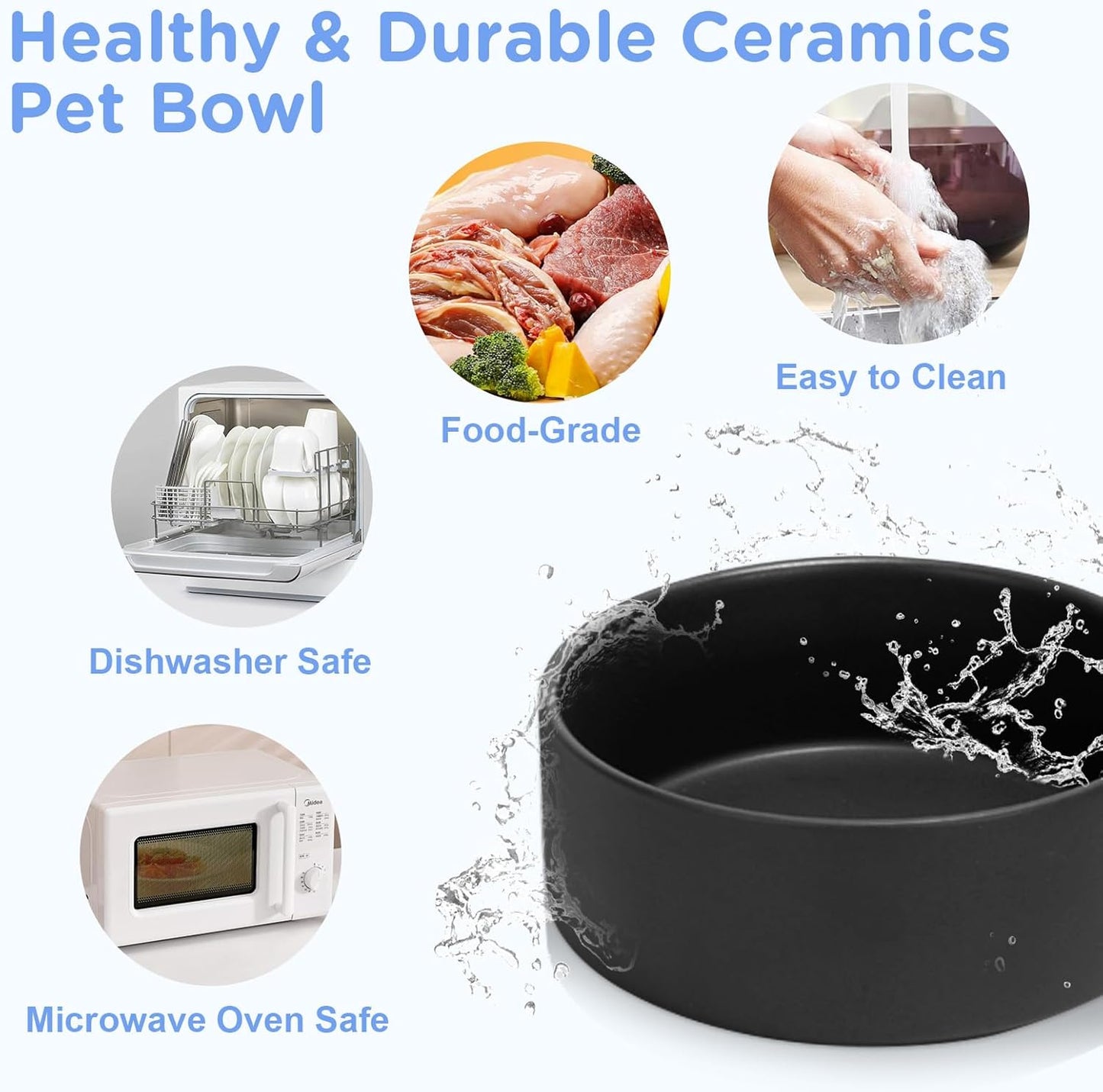 SPUNKYJUNKY Ceramic Elevated Dog Bowls Raised with Acacia Bamboo Wooden Stand, 6.1'' Dog and Cat Food Water Bowls Set Non-Slip for Small Medium Sized Breed Microwave Dishwasher Safe - 28.7 OZ,Black