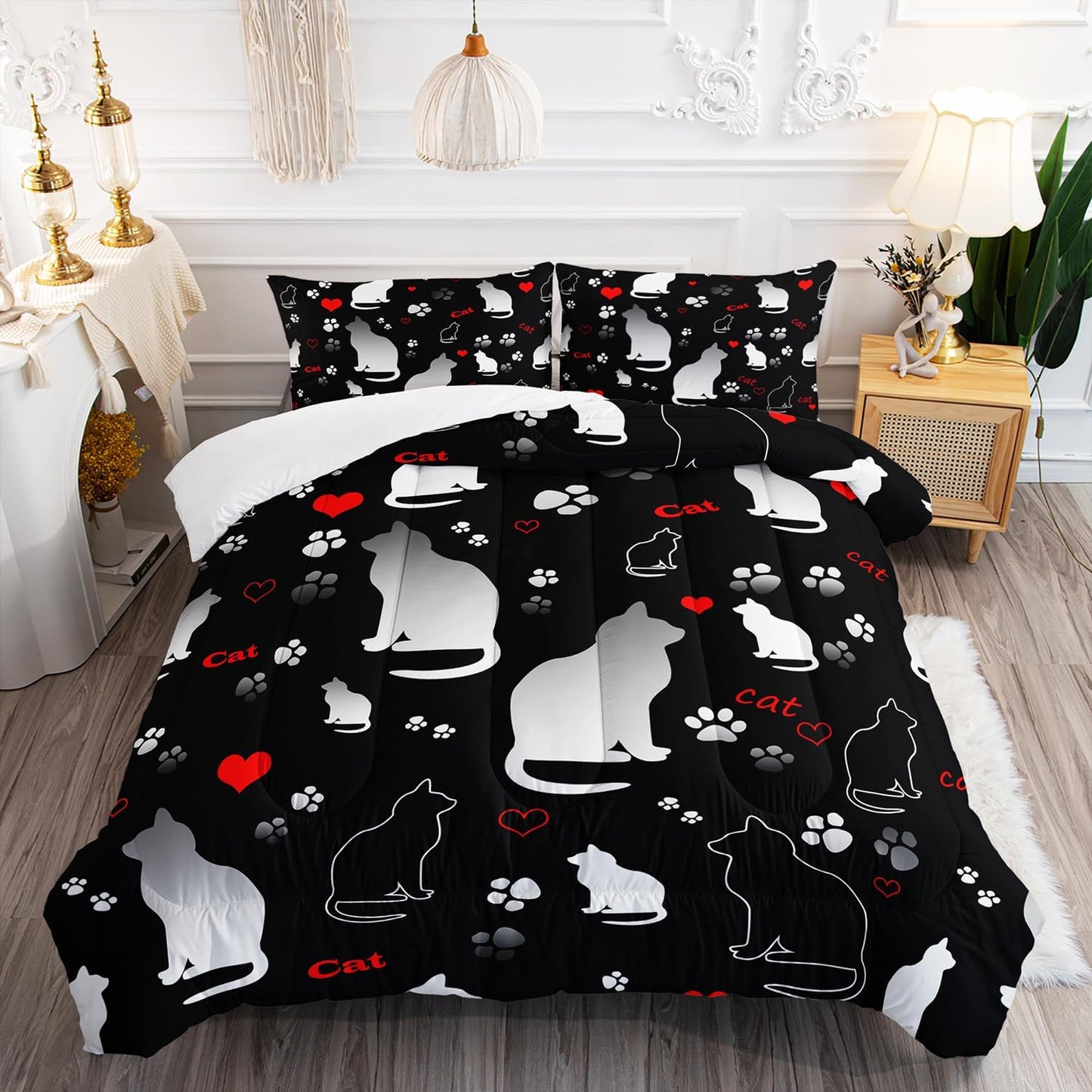Kawaii Cat Animal Themed Comforter Set 3Pcs Queen Black White Pet Cat Bedding Set for Kid Teen Girl Boy Adult Room Decor Cartoon Cat Paw Heart Pattern Quilt with 1 Comforter and 2 Pillowcases