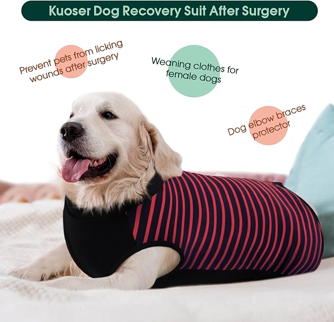 Kuoser Dog Recovery Suit, Anti Licking Dogs Rear Leg Sleeve, Abdominal Dog Surgical Suit with Pants Cover Protect Wounds, Dogs Elbow Protector Soft Pet Surgery Onesie Cone Alternative, Red 2XL