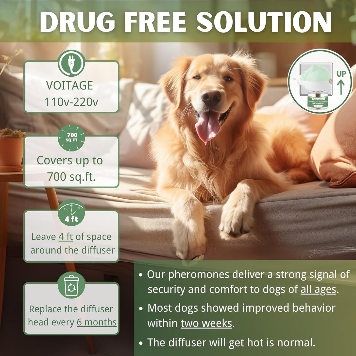 Dog Pheromone Diffuser Kit, Pet Diffuser for Stress Support, Reduces Stress and Promotes Relaxed Behavior, 2 Plug-in + 4 Packs Refill, 120 Day Supply (Non-Toxic, Safe & Inedible), Diffuser with Light