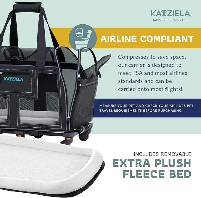 Katziela Rolling Pet Carrier Airline Approved - Pet Carrier with Wheels - Luxury Lorry - Deluxe TSA Approved Cat Carrier with 6 Wheels - Small Airline Approved Dog Carrier Trolley - Plane Carry On Bag