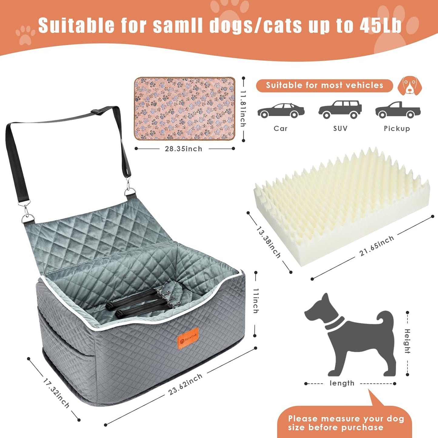 Memory Foam Booster Dog Car Seat for Medium Dogs Under 45 LBS, Elevated Pet Car Seat with Detachable Washable Cover, Anti-Slip Sturdy Dog Booster Seat with Seat Belt for Back Seat Travel