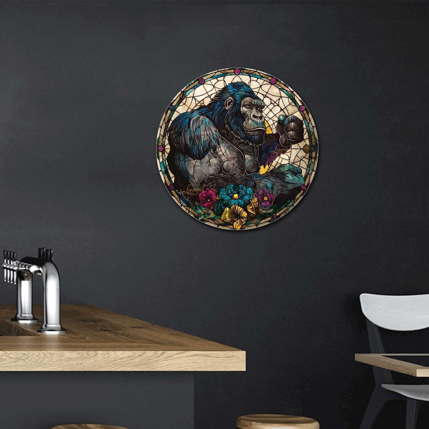 Lygond Metal Sign Tin Sign Circular Stained Glass Gorilla Wall Art for Club 12×12 Inches