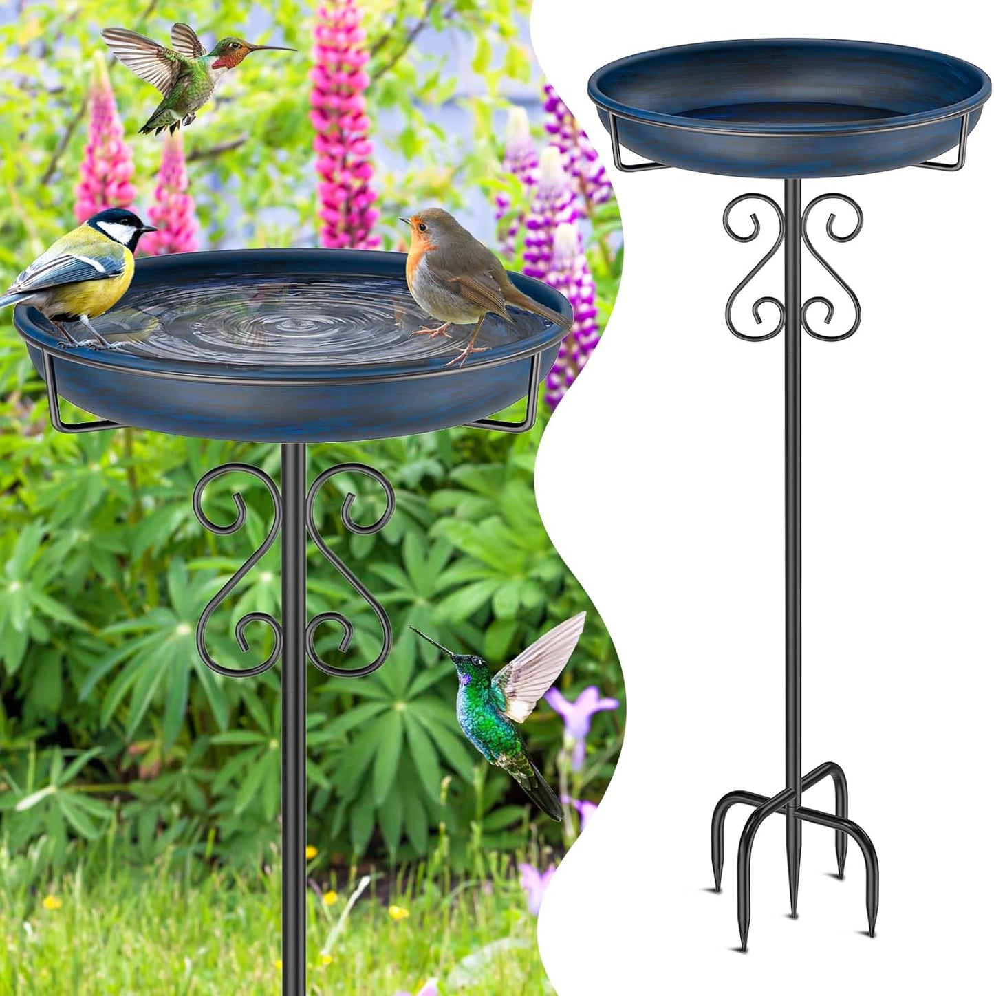 Metal Bird Bath for Outside,Bird Baths Feeder Bowl with 5 Prongs Base Stake,Freestanding BirdBaths for Outdoors Garden Patio Yard Lawn Decor (Vintage Blue)
