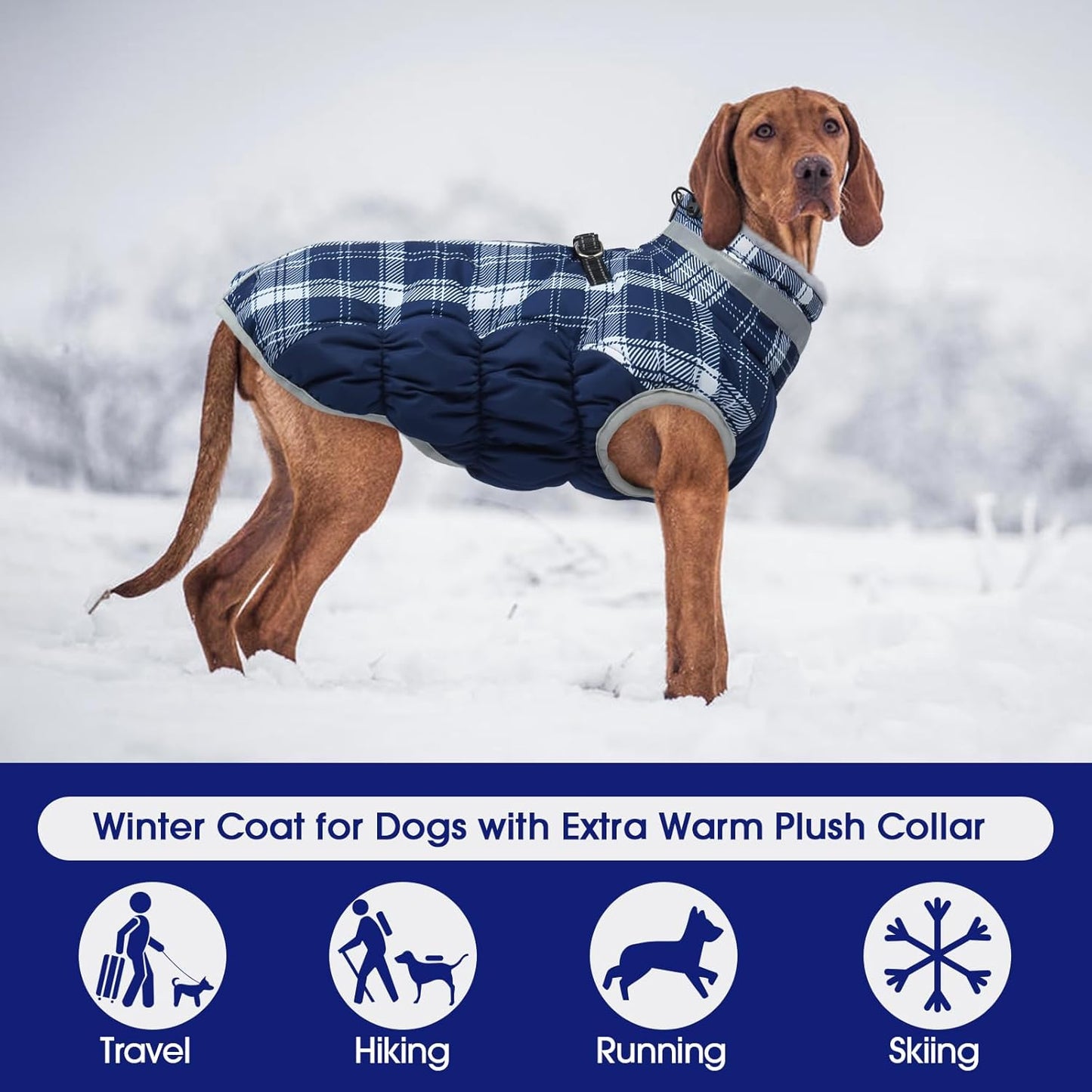 FUAMEY Dog Coat for Large Dogs,Waterproof Dog Winter Jacket with Harness Built in Puppy Cold Weather Coats Reflective Pet Vest with Zipper Warm Fleece Dogs Snowsuit Windproof Blue Plaid 2XL