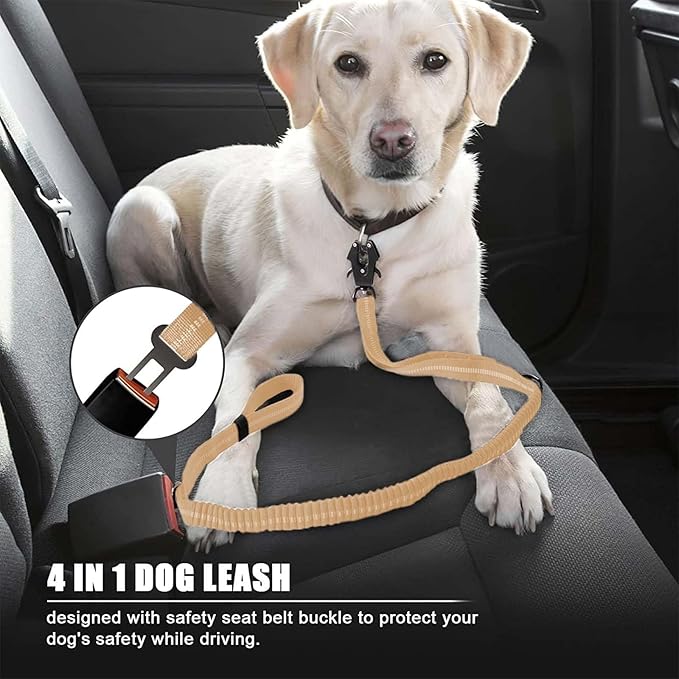 Heavy Duty Tactical Bungee Dog Leash, 4-6FT Shock Absorbing Tactical Leash with 2 Padded Handles, Metal Carabiner Clip,Car Seatbelt, Reflective Dog Leashes for Medium Large Dogs (Brown)