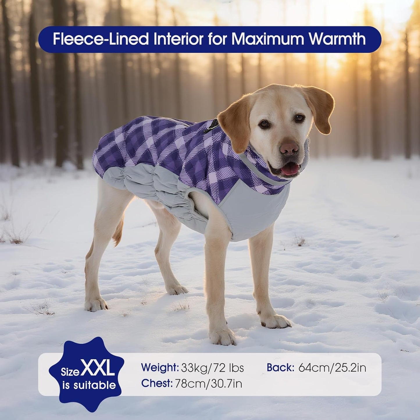 FUAMEY Dog Coat for Medium Dogs,Waterproof Dog Winter Jacket with Harness Built in Puppy Cold Weather Coats Reflective Pet Vest with Zipper Warm Fleece Dogs Snowsuit Windproof Purple Plaid M