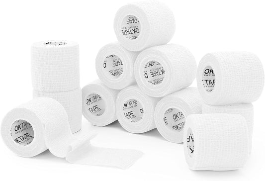 OK TAPE Self Adherent Cohesive Bandages Wrap 12Packs, 2 Inches X 5 Yards, Non-Woven Self Adhesive Athletic Sports wrap Tape, Vet Wrap Bandages Tape, for Thumb Finger Wrist Ankle (White)