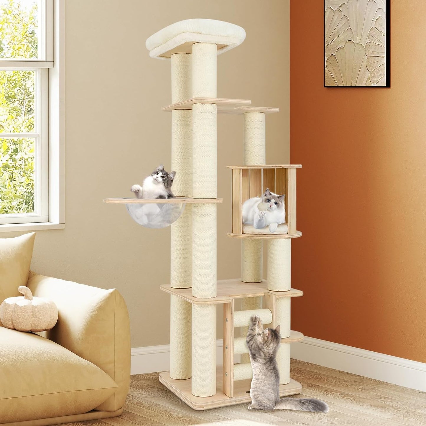 Tangkula 71” Tall Cat Tree, Multi-Layer Wood Cat Tower with Scratching Posts, Perch, Condo, Space Capsule, Ladder, Dangling Ball, Washable Cushions, Modern Cat Tree Tower for Indoor Cats Large Adult
