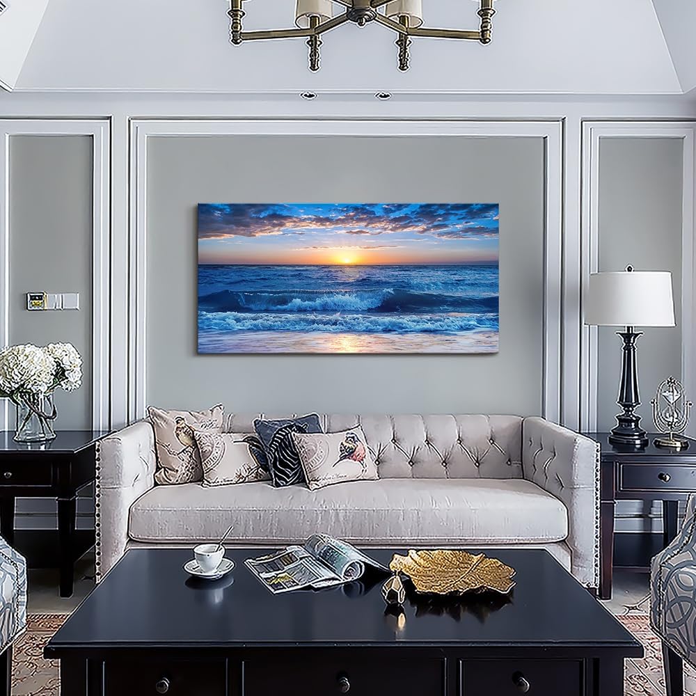 Lapremoly Framed Canvas Wall Art - Large Blue Ocean Beach Wall Painting for Living Room, Bedroom & Office - 24" x 48"