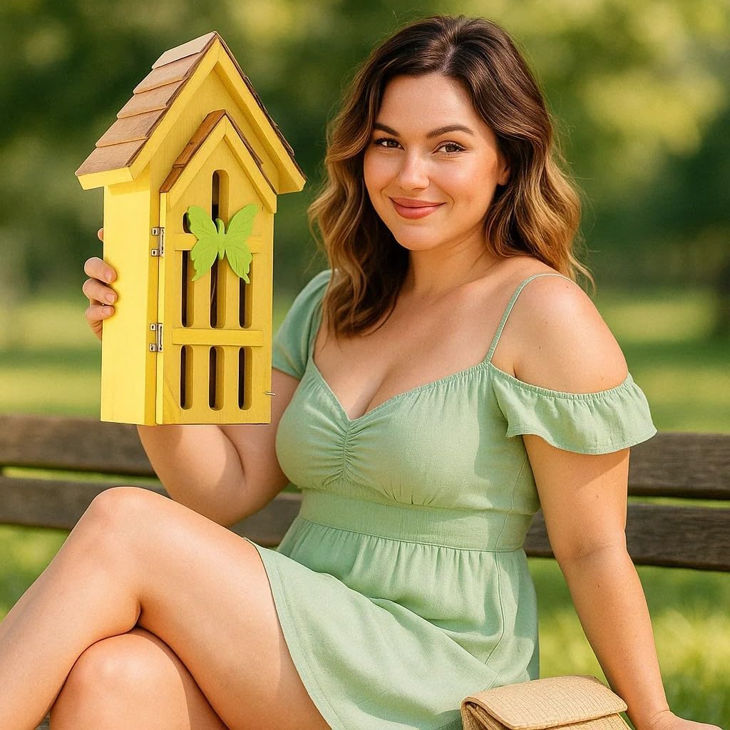 Shingle Roof Butterfly House for Outdoor, Insect House, Vintage Style Cedar Wood Bee House for Garden Outside, Open Door for Easy Cleaning Conservation.Shelter Hotel with Hooks for Hanging (Yellow)