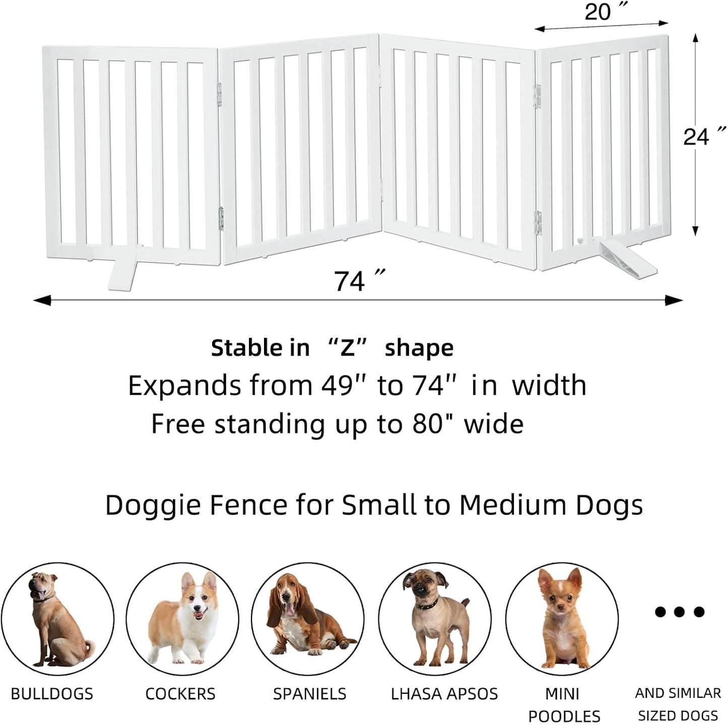 ZJSF Freestanding Indoor Dog Gate for House Foldable Wood White Puppy Gate for Doorways Pet Gate for Stairs Extra Wide Pet Fence 24" Height 4 Panels