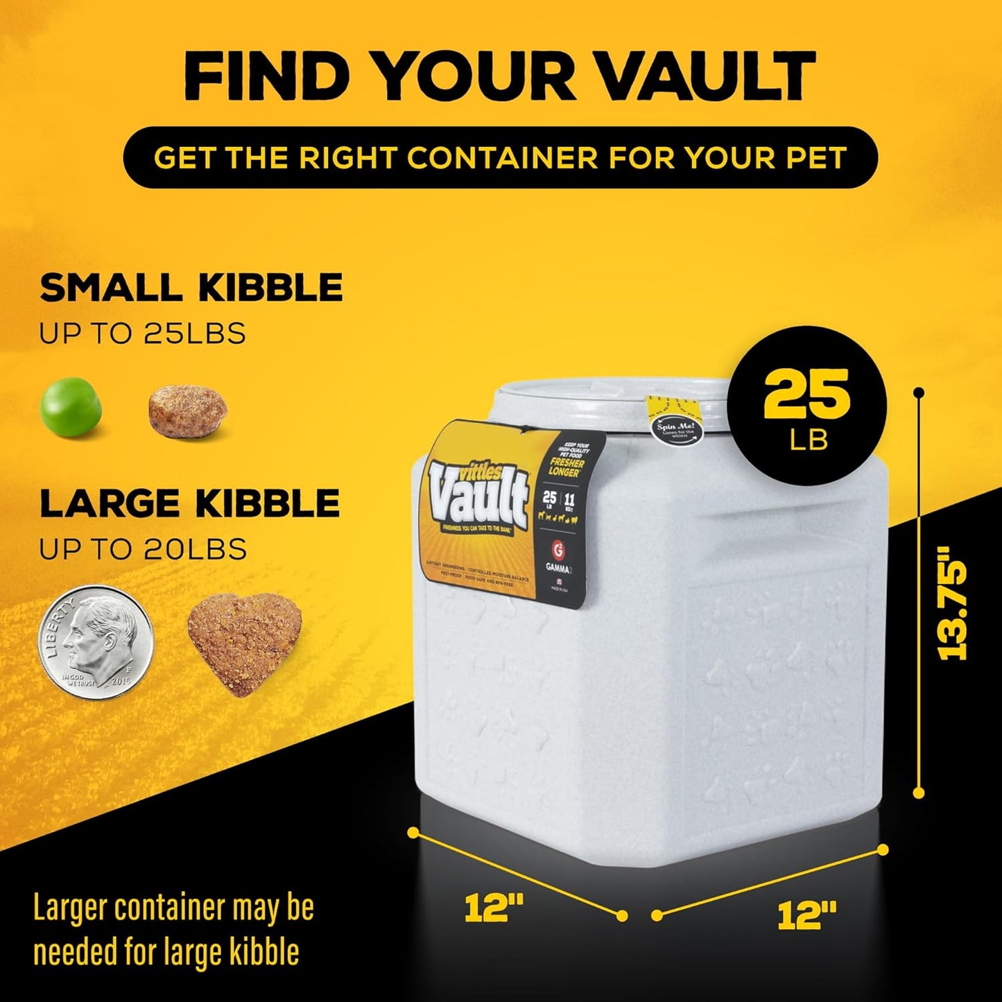 Gamma2 Vittles Vault Pet Food Storage Containers - Sealed Dog and Cat Food Storage Container, Fits up to 25lbs, Made in the USA - [12"L x 13.75"H]