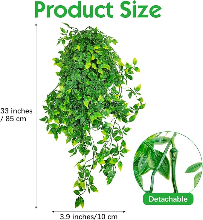 Hamiledyi Reptile Plants, 2 Pack Hanging Terrarium Plants Vines, Fake Amphibian Plants, Artificial Leaves Habitat Decorations with Suction Cup for Bearded Dragon Lizard Geckos Chameleon