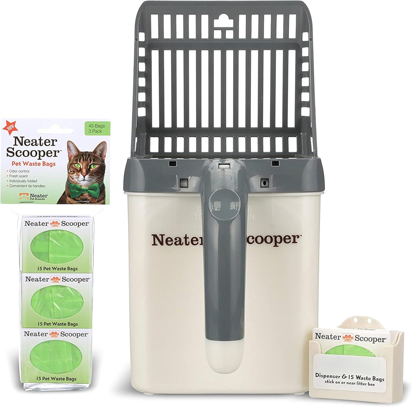 Neater Pet Brands Neater Scooper Standard Cat Litter Scoop, 60 Refill Bags – Mess-Free Cat Litter Scooper with Bag, Spill-Proof Kitty Box Sifter, Bin Doubles as Scoop Holder, For Single-Cat Households