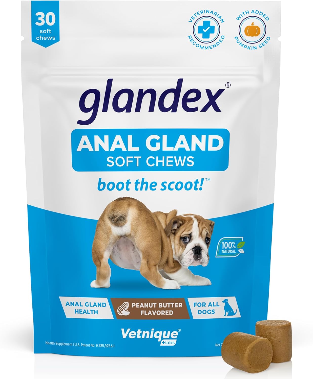 Vetnique Labs Glandex Anal Gland Soft Chew Treats with Pumpkin for Dogs Digestive Enzymes, Probiotics Fiber Supplement for Dogs Boot The Scoot (Peanut Butter Chews, 30 Count)