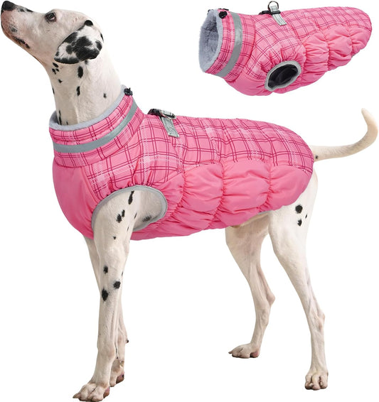 FUAMEY Dog Coat for Large Dogs,Waterproof Dog Winter Jacket with Harness Built in Puppy Cold Weather Coats Reflective Pet Vest with Zipper Warm Fleece Dogs Snowsuit Windproof Rose Plaid L