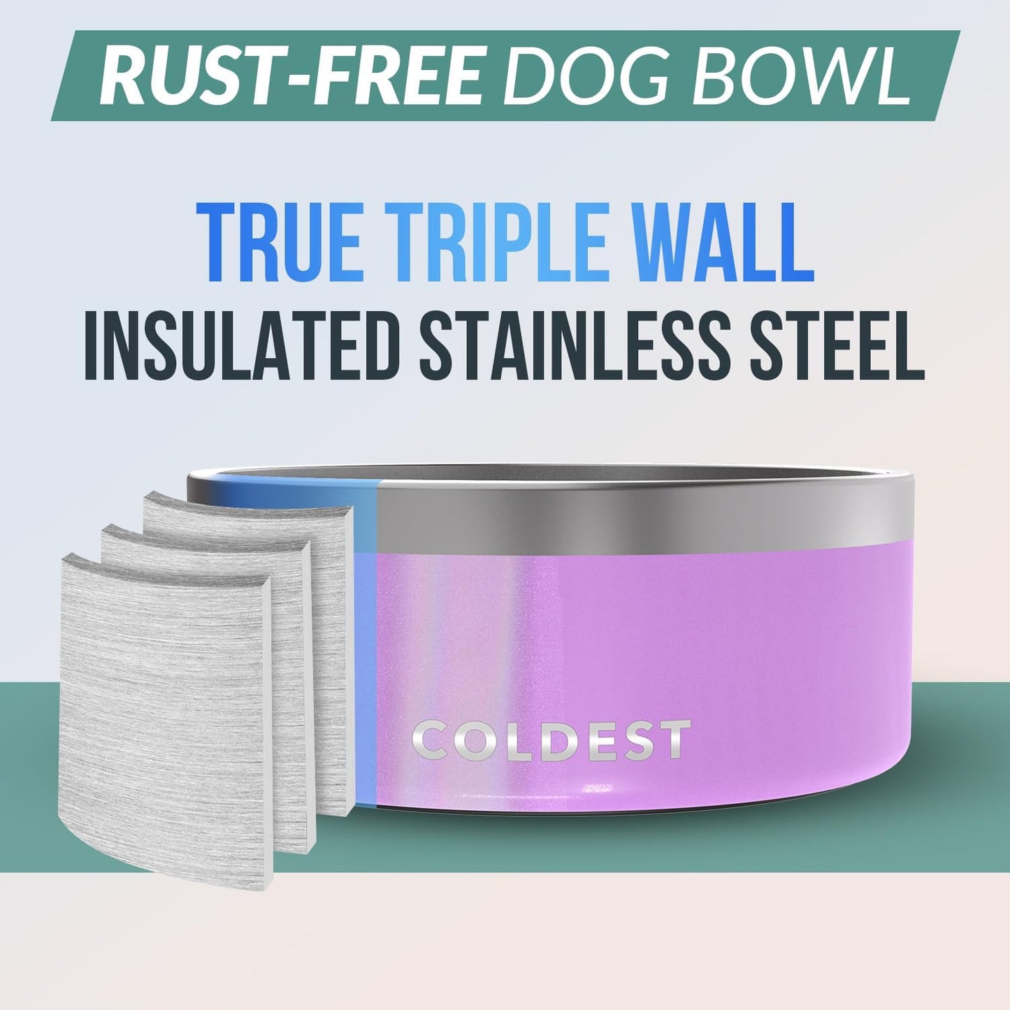 Coldest Dog Bowl - Anti Rust Metal, Non Slip, 3 Layers Insulated Stainless Steel Dog Bowls - Spill Proof & Heavy Duty - Water Bowl for Dogs, Cats, Dish Washer Safe (100 oz, Saturns Purple Glitter)