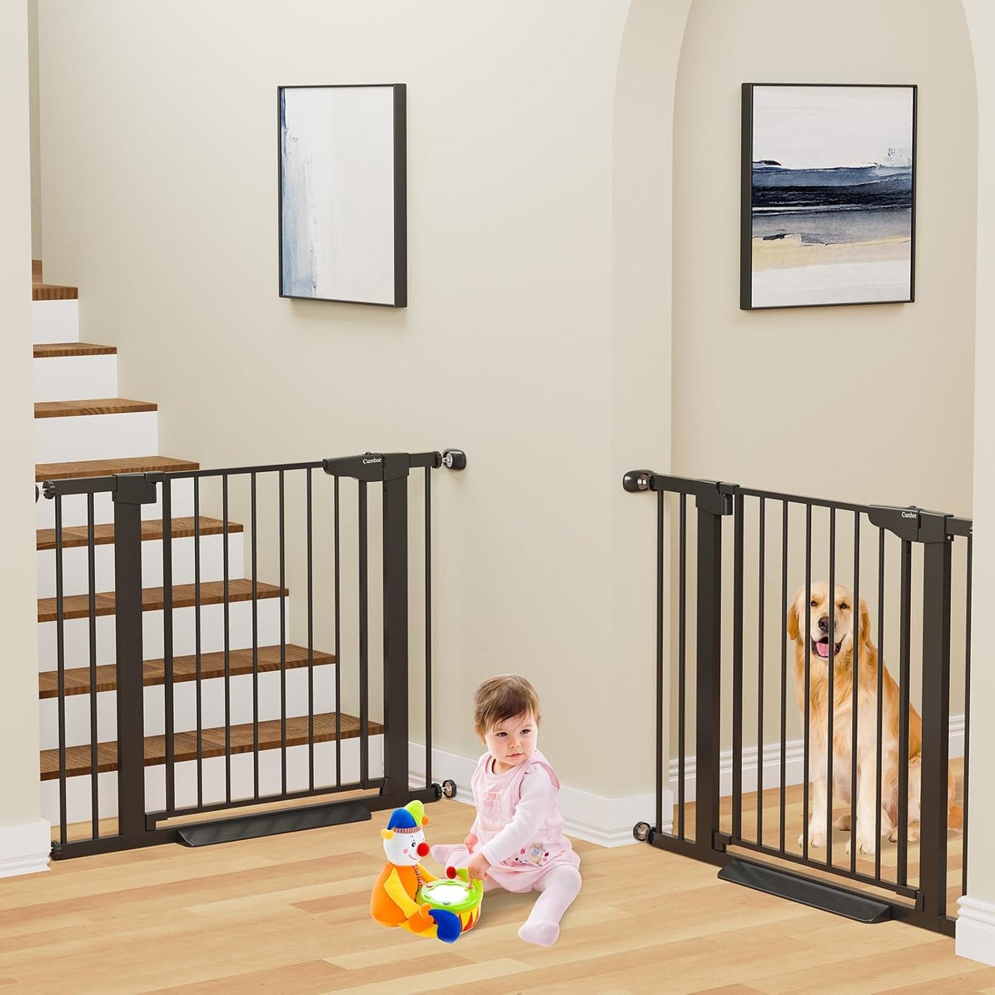 Cumbor 2 Pack 29.7-40.6" Baby Gate for Stairs, Mom's Choice Awards Winner-Dog Gate for Doorways, Pressure Mounted Self Closing Pet Gates for Dogs Indoor, Safety Child Gate with Easy Walk Thru Door