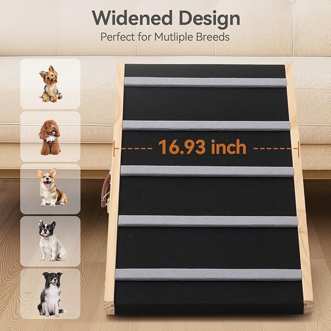 PawGiant Portable Dog Ramp for Bed, 39.4" L x 16.9" W Extra Wide Wooden Pet Ramp for Large Small Dogs, 5 Adjustable Heights from 14.5" to 26.3", Foldable Dog Ramp for Car Couch, Hold Up to 200LBS