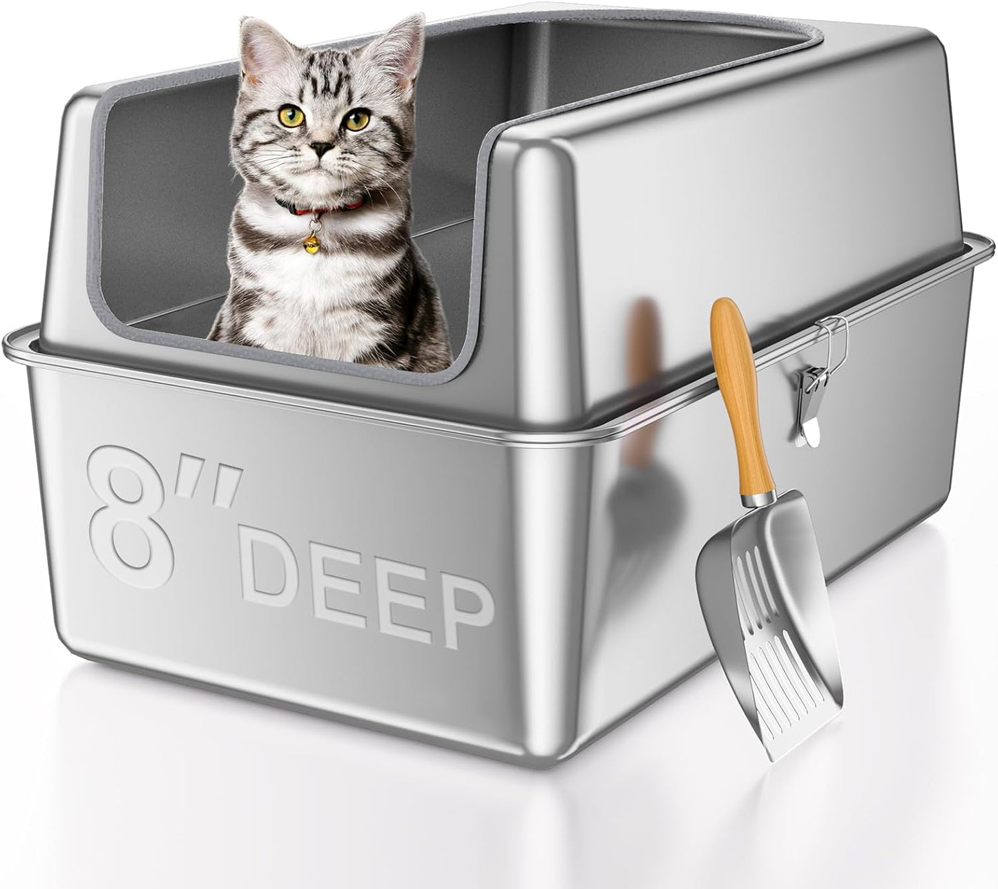 14'' High Sides XXL All Stainless Steel Cat Litter Box with Lid,XL Deep Metal Litter Box for Big Cats,Extra Large Litter Boxes with High Wall Enclosure,Anti-Leakage,Never Absorbs Odors,Non-Sticky