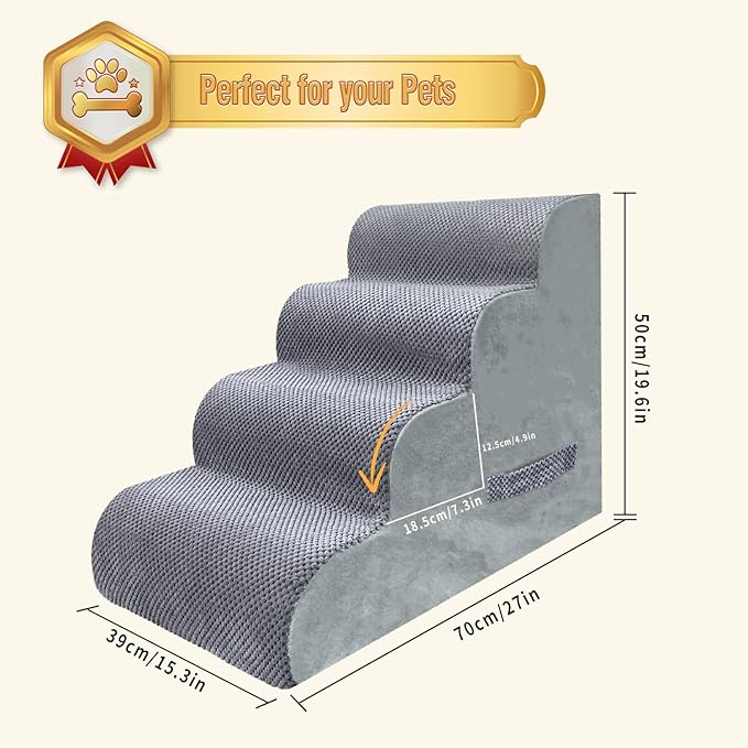 PAWSCART Dog Stairs for Small Dogs and Cats, 4-Step Dog Steps for Bed, 19.6" H Pet Stairs for High Bed, Pet Ramp for Couch, Sofa, Non-Slip Surface Removable Washable Cover, Grey