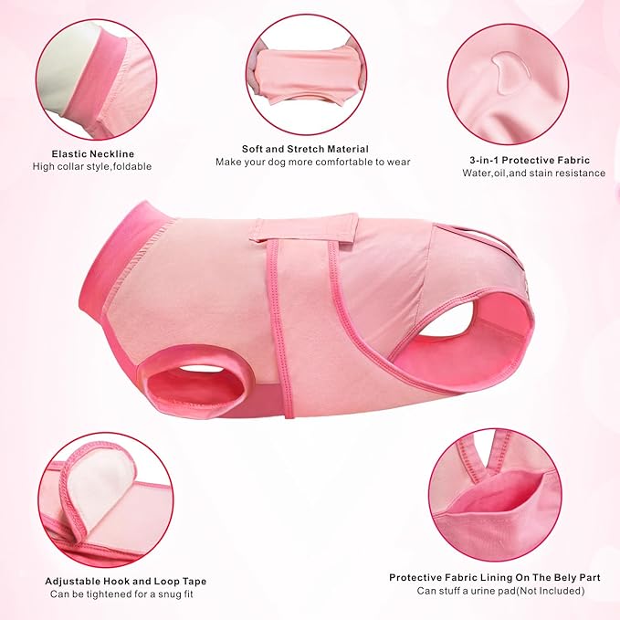 Idepet Dog Recovery Suit Female,Dogs Onesie Suit Surgery Male Breathable Pet Bodysuit for Spay Neuter E-Collar & Cone Alternative Surgical Suit Puppy Abdominal Anti Licking Wounds Shirt (Pink, XS)