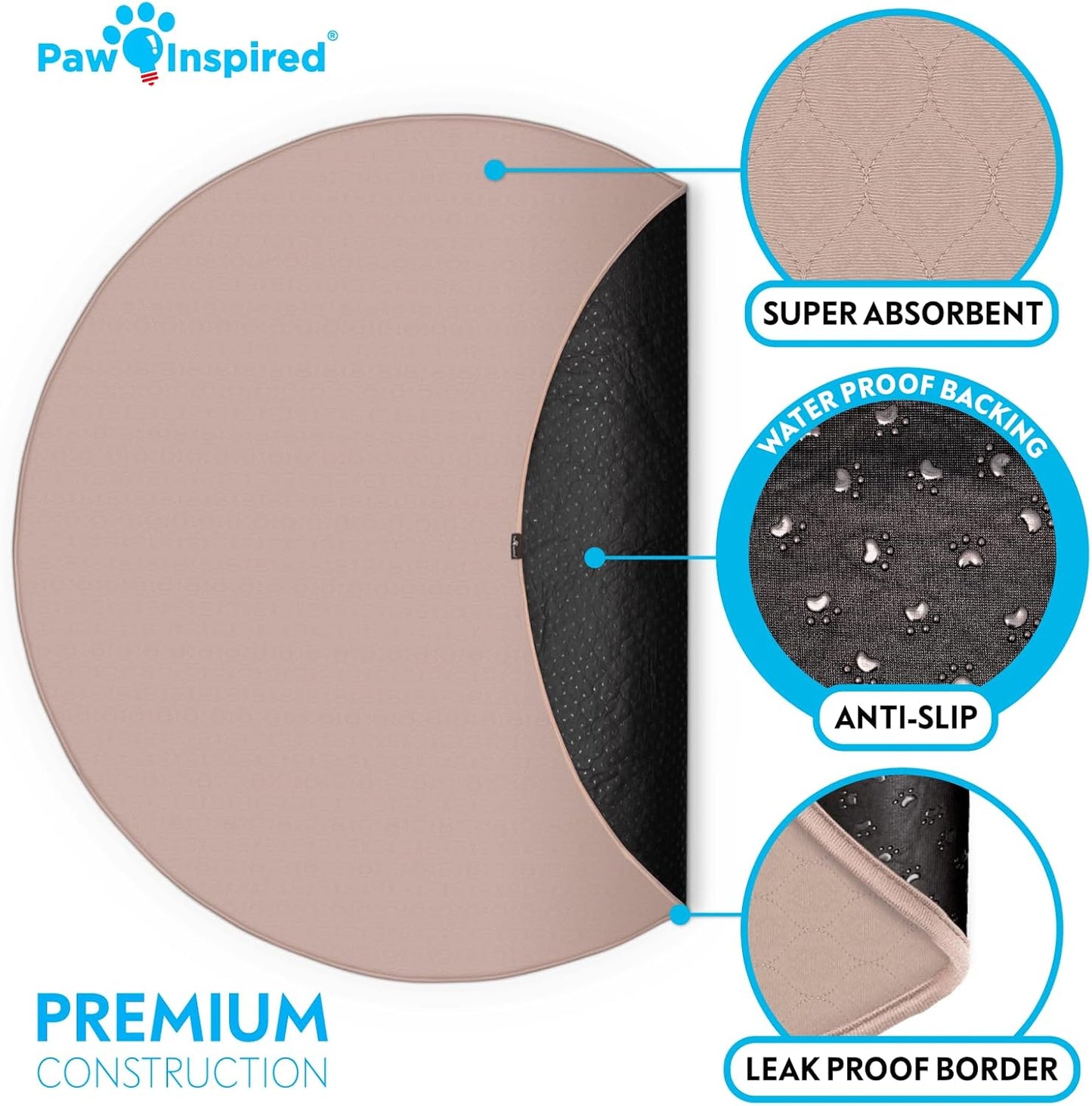 Paw Inspired Round Washable Pee Pad for Dogs | Reusable Puppy Pad for Potty Training, Whelping, Waterproof Mat | Leakproof, Non-Slip Liner (60" Extra Large Size, 1 Pack)