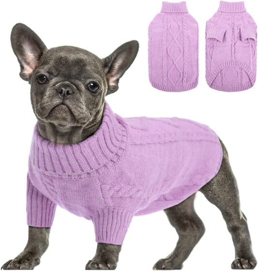 Queenmore Small Dog Pullover Sweater, Cold Weather Cable Knitwear, Classic Turtleneck Thick Warm Clothes for Chihuahua, Bulldog, Dachshund, Pug (Lilac, Small)