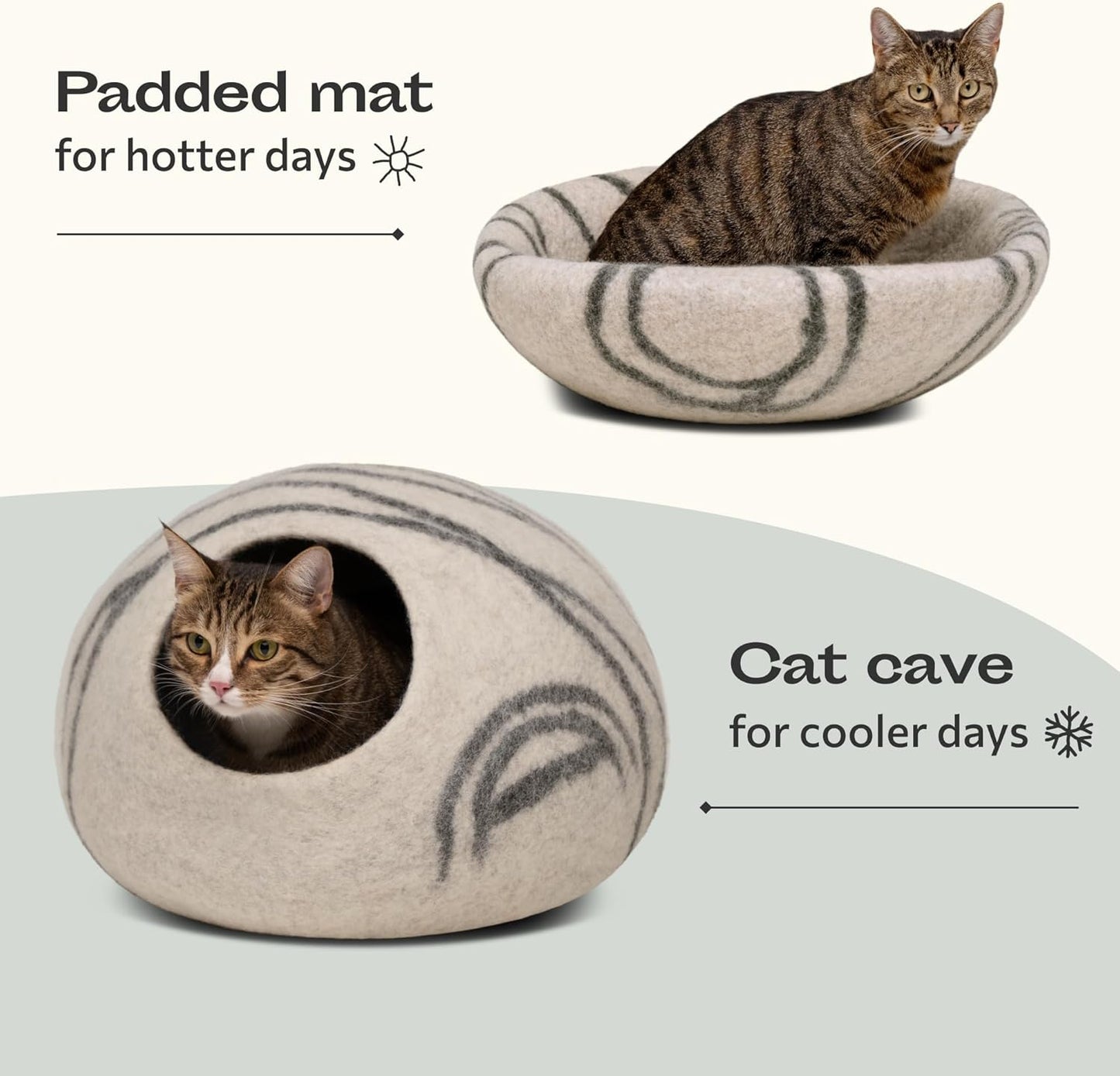 MEOWFIA Cat Cave – Premium Felt Cat Bed for Indoor Cats, Handmade 100% Merino Wool (Light Grey, Medium)