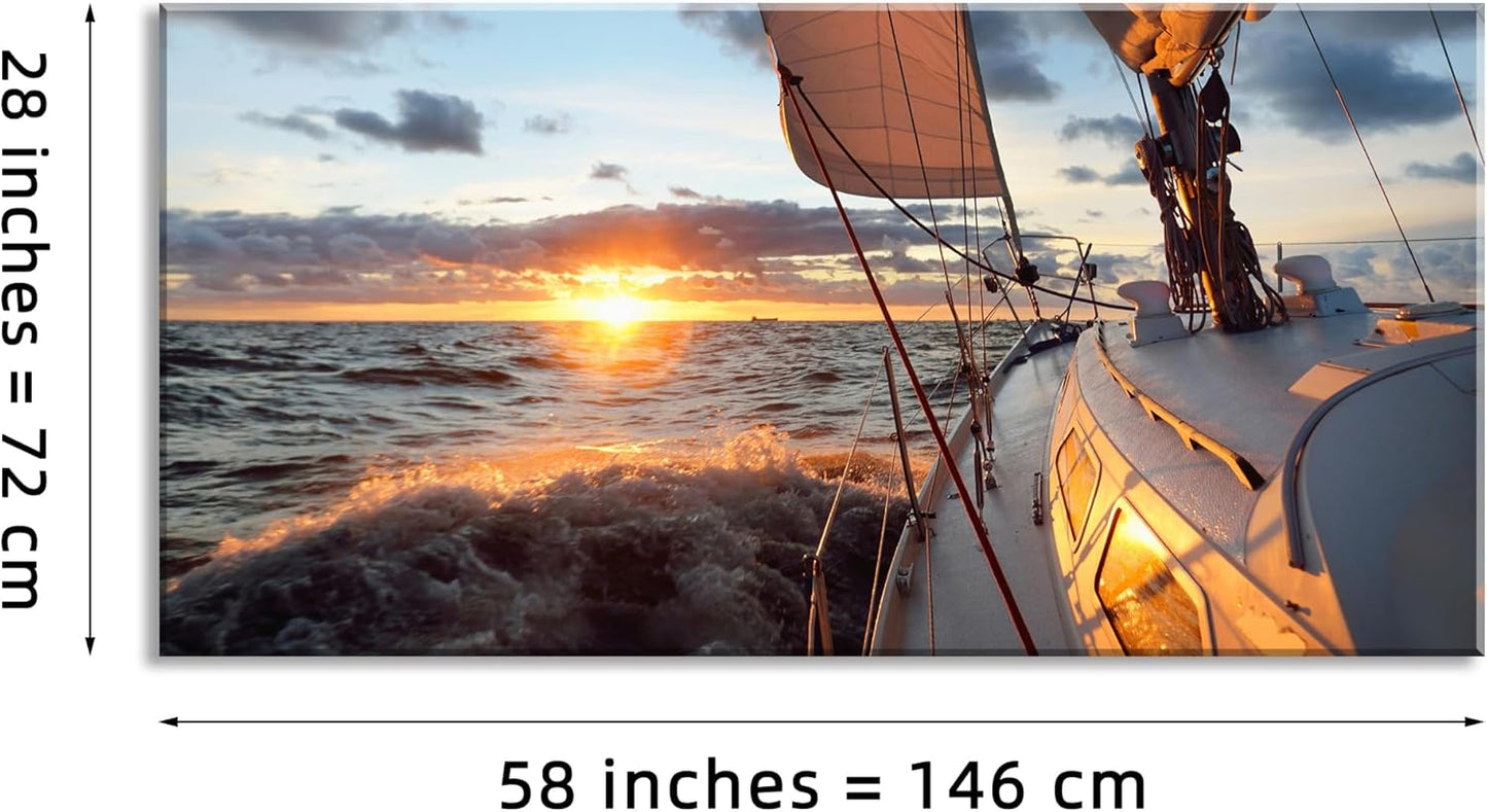 Yacht Sailing in Sea at Sunset Scenery Canvas Wall Art for Living Room Bathroom,Close-up View of Deck Mast Sails Picture Print Artwork Painting Decor,Epic Seascape Scenic Landscape,Inner Frame 30x60