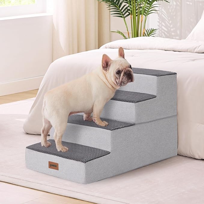 Dog Stairs for Large Dogs - Extra Wide Pet Stairs 2 in 1 with Zippers Suitable for Couch and Bed, Foam Dog Steps with Non Slip Bottom Grey 4 Steps, Grey
