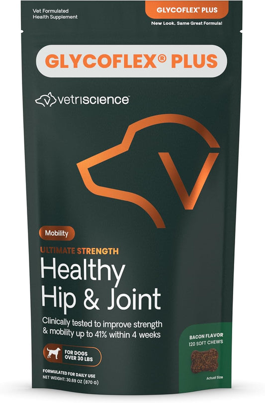 VetriScience GlycoFlex Ultimate Strength Healthy Hip & Joint Glucosamine Supplements for Dogs, with MSM, Chondroitin & Green-Lipped Mussel, Soft Chews, Bacon, 120 Count - New Look