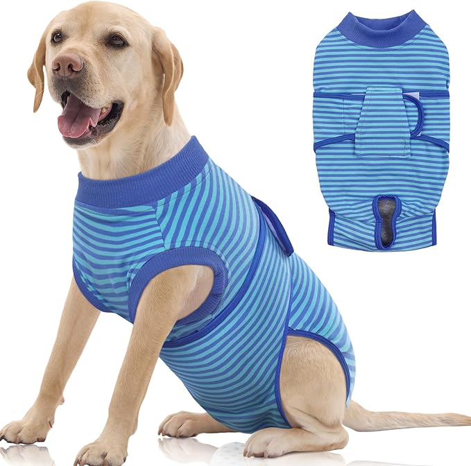 FUAMEY Recovery Suit for Dogs After Surgery,Soft Breathable Dog Bodysuit E-Collar & Cone Alternative Surgical Suit,Male Female Dog Neuter Spay Suits Anti Licking Wounds Onesie Navy Blue Strips XXL