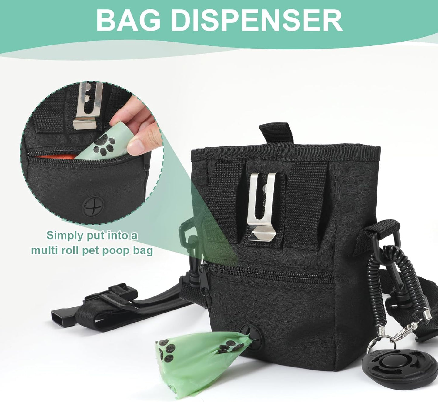 Dog Treat Pouch Magnetic Closure with Training Clicker，Hands-Free Design to Prevent Spills，Built in Poop Bag Dispenser，3 Ways To Wear，Metal Clip Waist Belt and Fanny Pack for Pet Walking（Black）