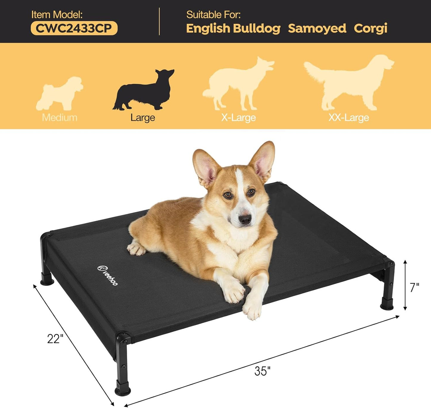 Veehoo Cooling Outdoor Dog Bed, Heavy Duty Elevated Pet Bed with Washable & Breathable Teslin Mesh, Non-Slip Silicon Feet, Dog Cot Bed with Support Hem, 35" x 22", Black, CWC2433