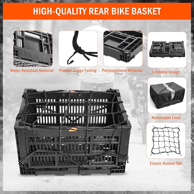 Rear Bike Basket, Foldable Rear Rack Bicycle Basket with Mesh Pocket Waterproof Cover Reflective Strip for Adult Bikes Easy to Assemble and Carry for Pets Fruit