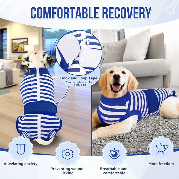 Lukovee Recovery Suit for Dogs - Zipper On Onesie for Female & Male Dogs, Abdominal Wounds Cone E-Collar Alternative, Prevent Licking - Spay Recovery Suit (X-Large, Blue & White)