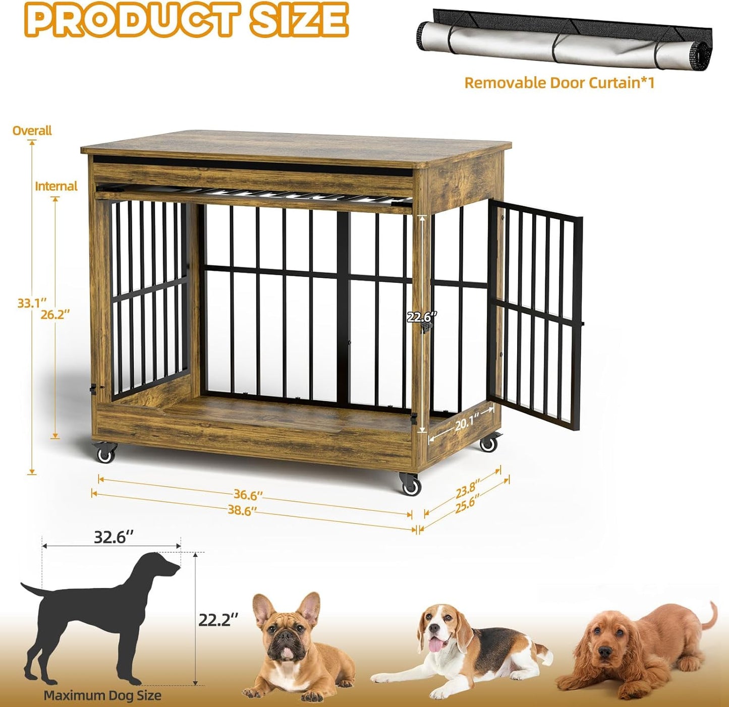 38" Dog Crate Furniture, Double Door Wooden Indoor Dog Kennel Furniture, Decorative Pet Cage End Table with Wheels for Large and Medium Breed Dogs, Size L, Rustic Brown