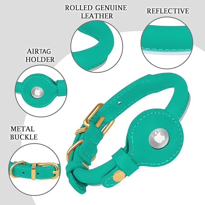 OOPSDOGGY Rolled Leather Dog Collar with Airtag Holder - Reflective Round Airtag Dog Collar - Soft Tracking Pet Collar for Small Dogs Puppy Cats Kitten (Teal, S, 10"-13")