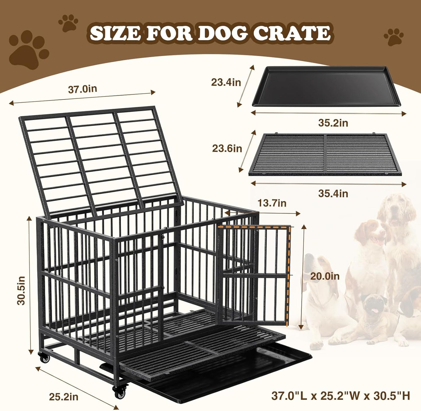 Dog Crate with Removable Tray, 37/42/46 Inch Indestructible and Escape Proof Steel Dog Cage Kennel for High Anxiety Dogs, Heavy Duty Dog Crate with Wheels, Double Door, Extra Large XL XXL